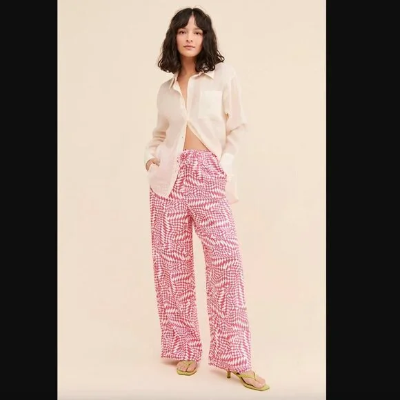 Charlie Holiday Addison Pink & White Wavy Checkered Printed Pants 4 - Picture 4 of 8